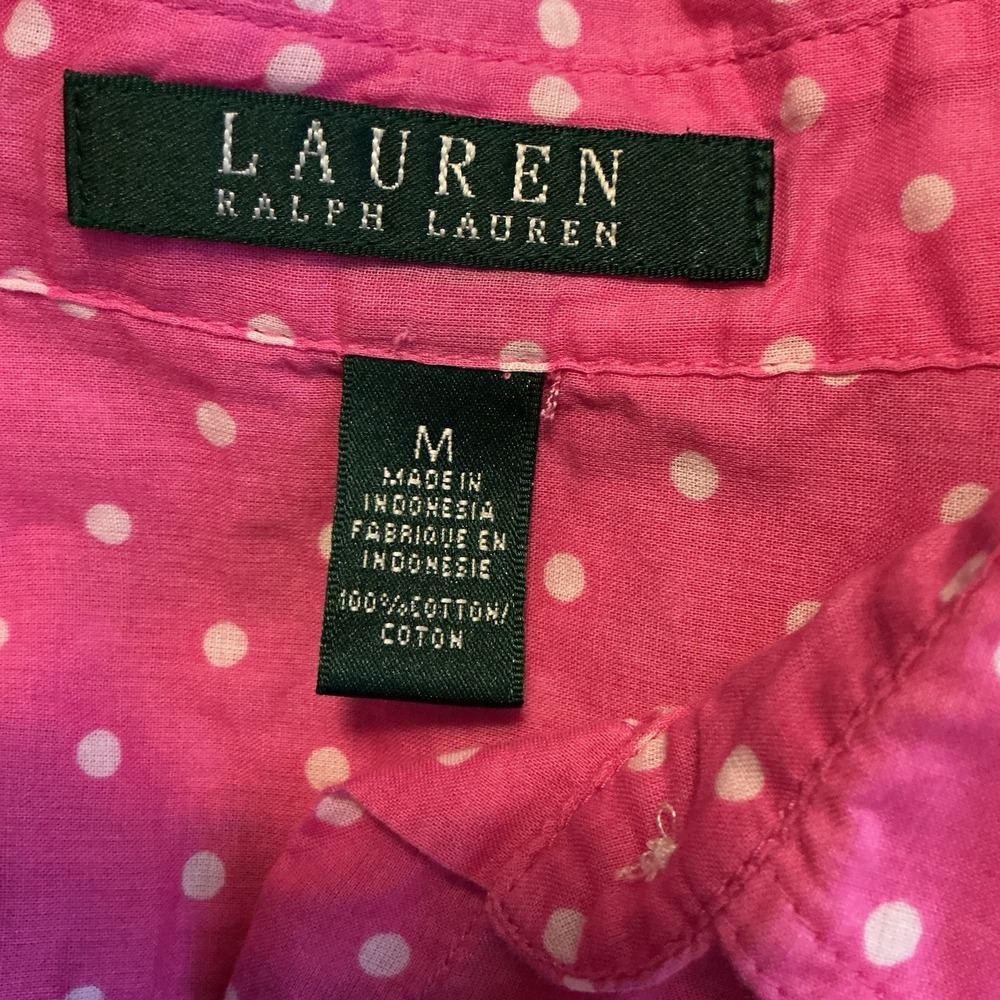 Lauren Ralph Lauren Button Up‎ Shirt Size Medium Pink Polka Dot Preppy Colorful - Picture 4 of 5